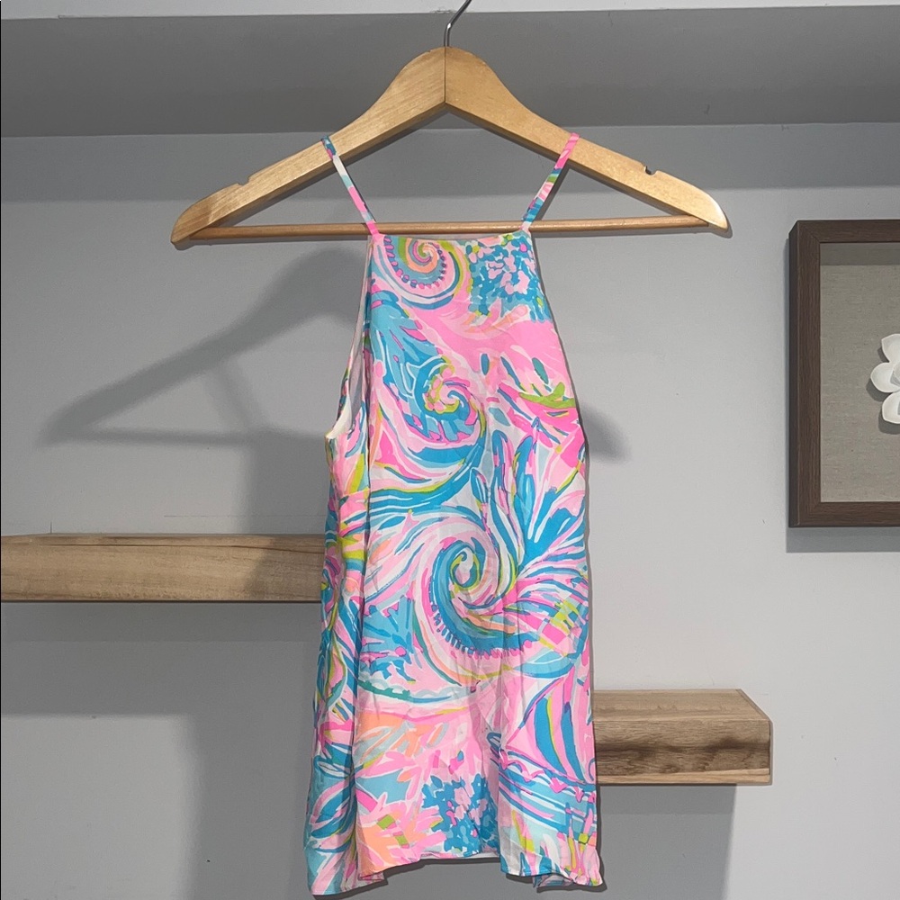 Lilly Pulitzer Rae Silk Top Carnivale Coral Sz xs Pink Blue Floral Sleeveless
